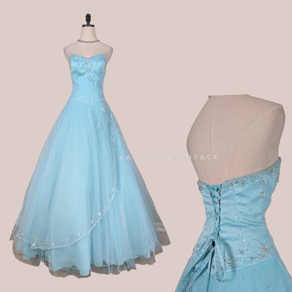 Vintage Prom Dress Maxi Ball Gown 8 Blue Y2K Fairy Princess Mori Lee Glam Corset - Picture 1 of 16